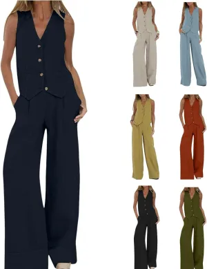 Vest Pant Suits for Women 2 Piece Outfits Linen Pant Sets Casual Button Waistcoat V Neck Crop Vest Blazer