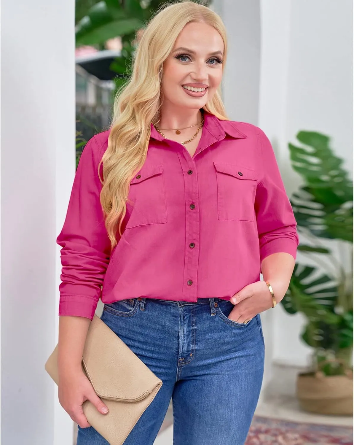 Vetinee Women's Button Down Denim Shirt Collared Casual Long Sleeve Pocket Tops