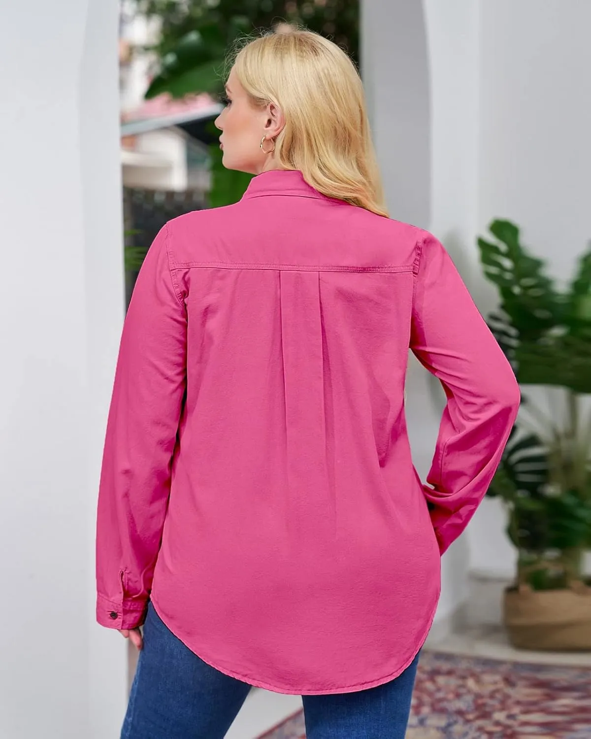 Vetinee Women's Button Down Denim Shirt Collared Casual Long Sleeve Pocket Tops