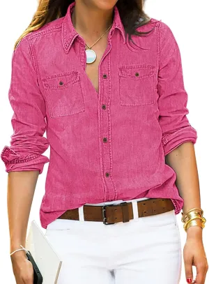 Vetinee Women's Button Down Denim Shirt Collared Casual Long Sleeve Pocket Tops