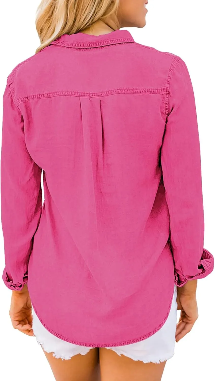 Vetinee Women's Button Down Denim Shirt Collared Casual Long Sleeve Pocket Tops