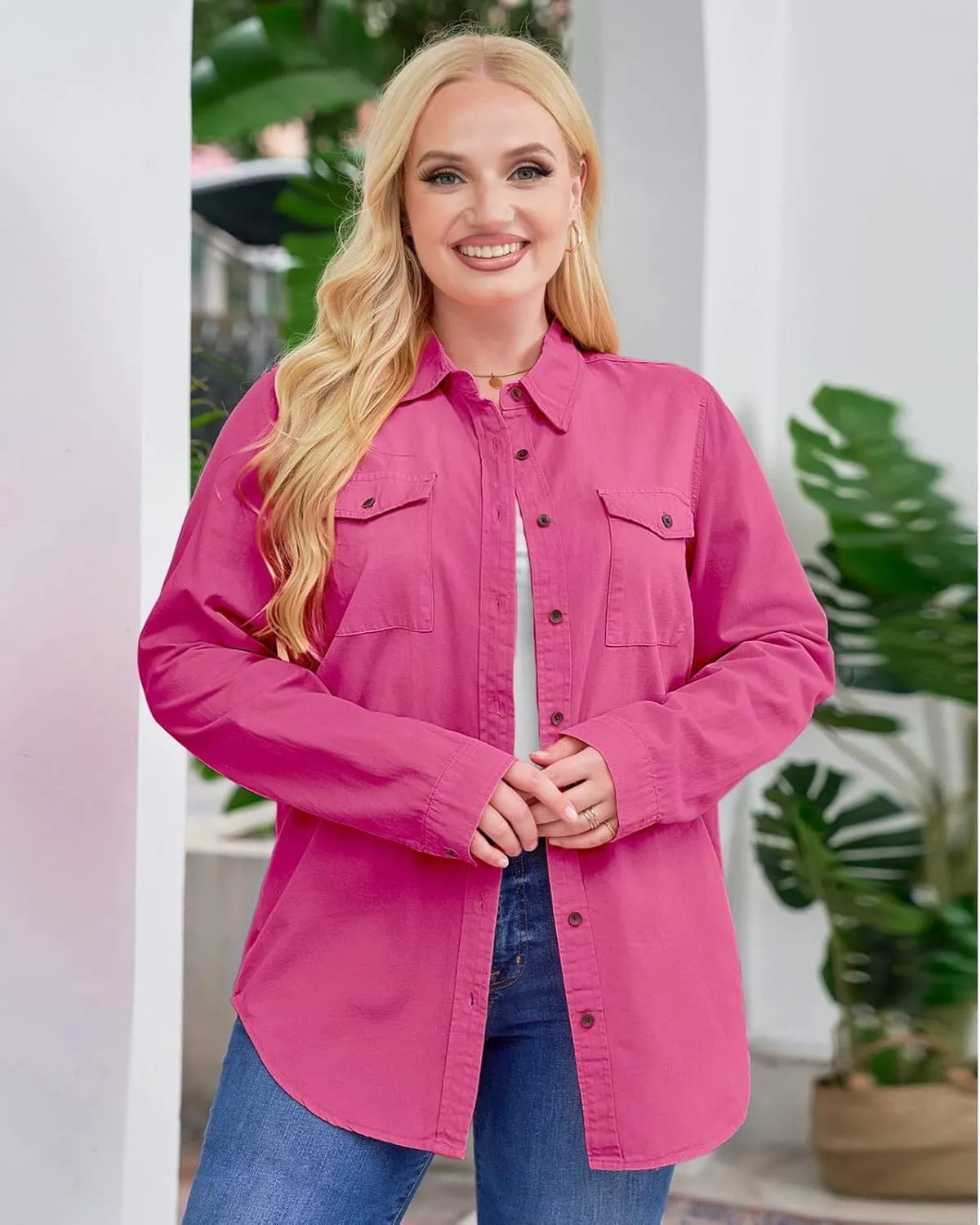 Vetinee Women's Button Down Denim Shirt Collared Casual Long Sleeve Pocket Tops