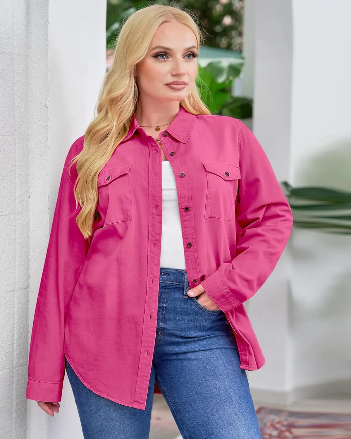 Vetinee Women's Button Down Denim Shirt Collared Casual Long Sleeve Pocket Tops