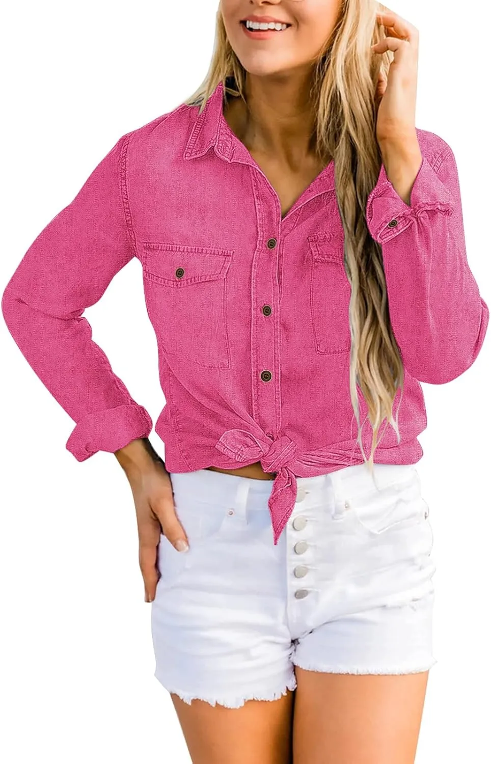 Vetinee Women's Button Down Denim Shirt Collared Casual Long Sleeve Pocket Tops