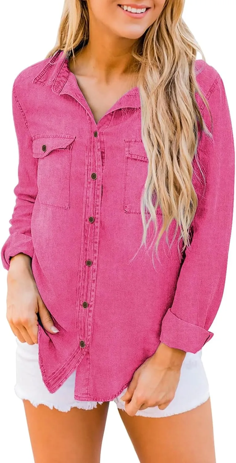 Vetinee Women's Button Down Denim Shirt Collared Casual Long Sleeve Pocket Tops