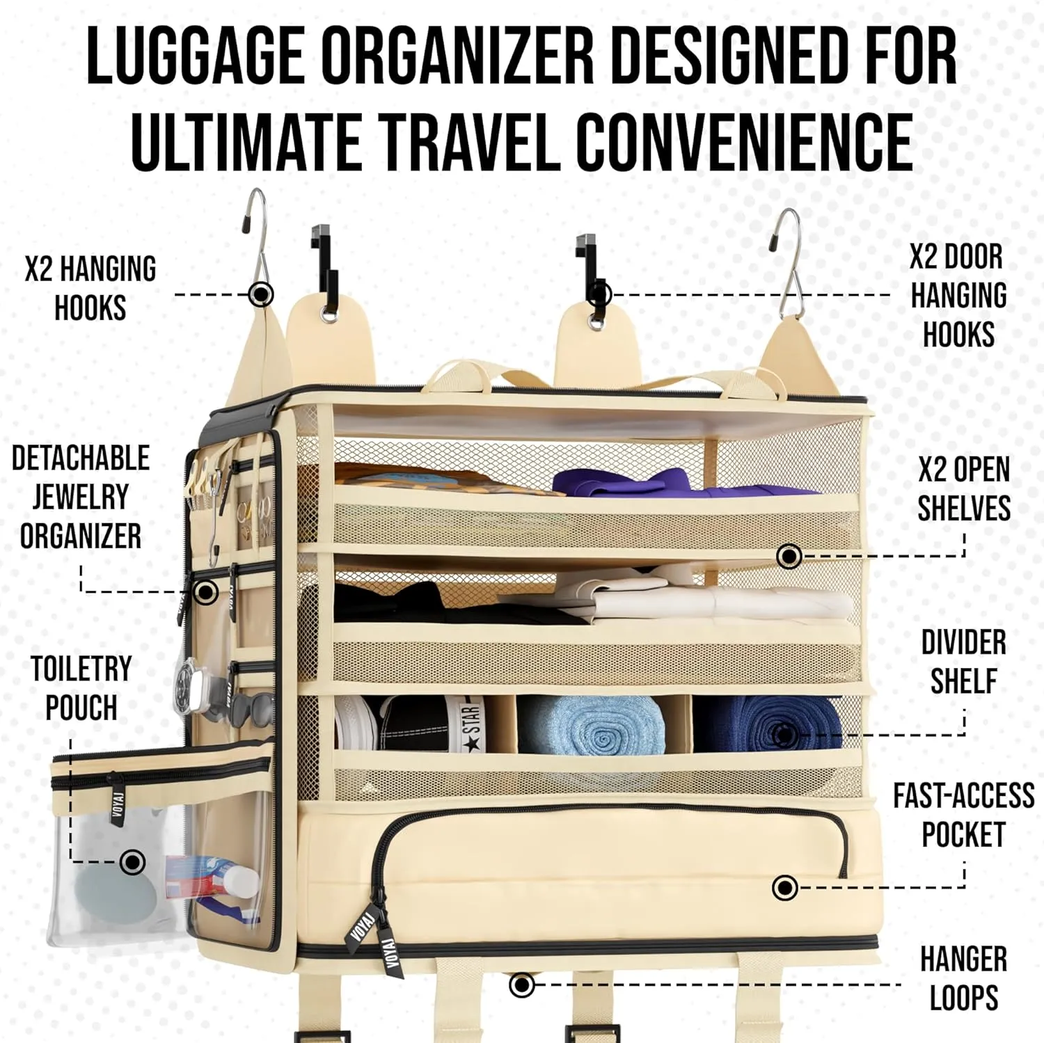 Voyaj Hanging Suitcase Organizer for Travel - Carry on Closet Suitcase, Hanging Luggage Organizers, Travel Organizer - Easily Fits Carry On Luggage for Wrinkle Free Packing