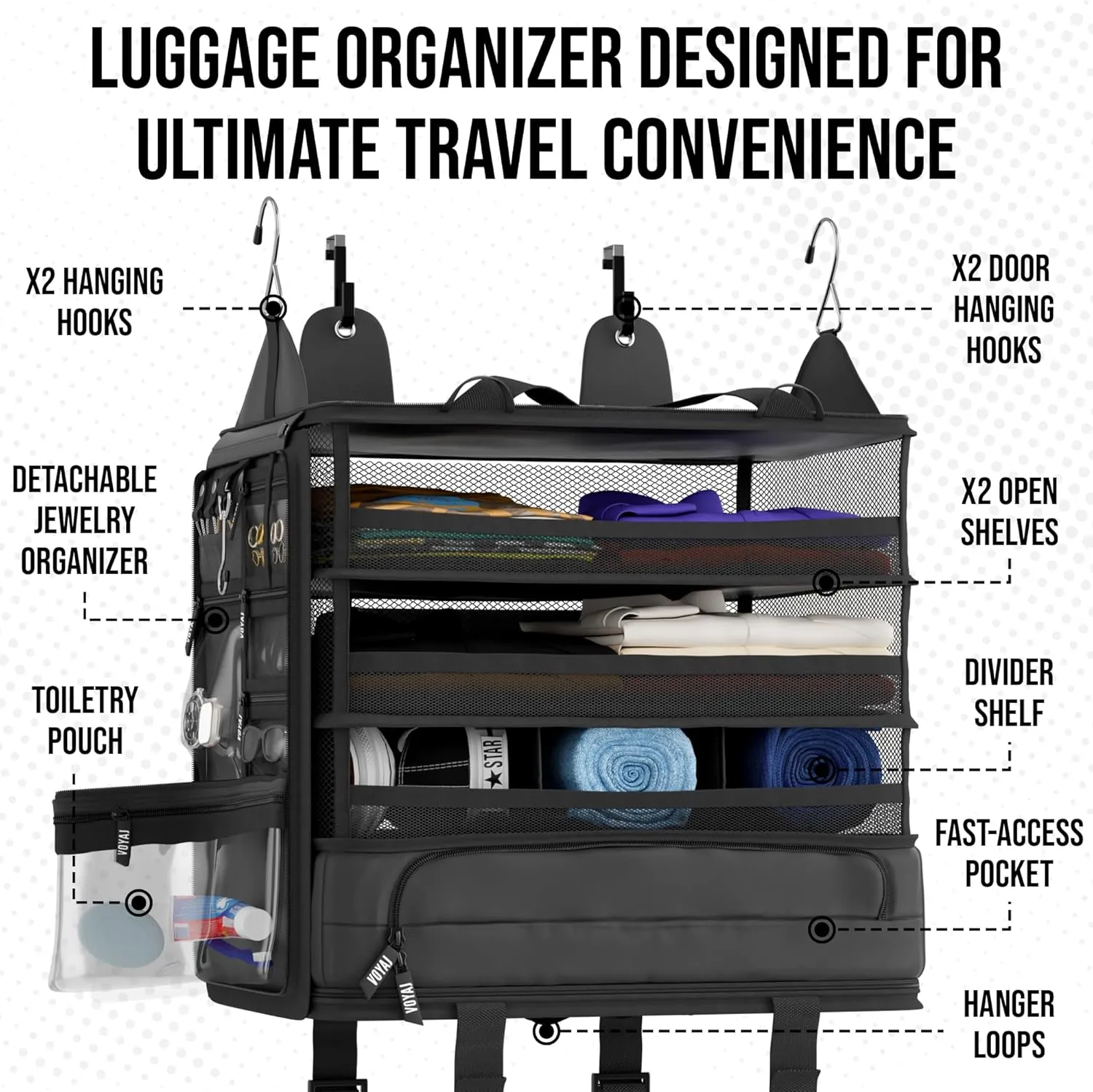 Voyaj Hanging Suitcase Organizer for Travel - Carry on Closet Suitcase, Hanging Luggage Organizers, Travel Organizer - Easily Fits Carry On Luggage for Wrinkle Free Packing