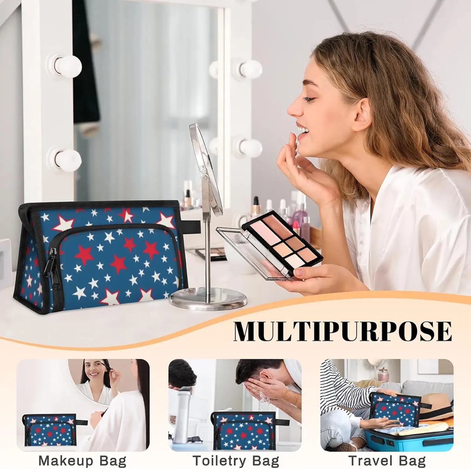 Waterproof Cosmetic Bags for Women Flag Stars Independence Day Makeup Organizer Toiletry Bag with Zipper Pockets, Travel Makeup Bag for Business, Beach & Gym