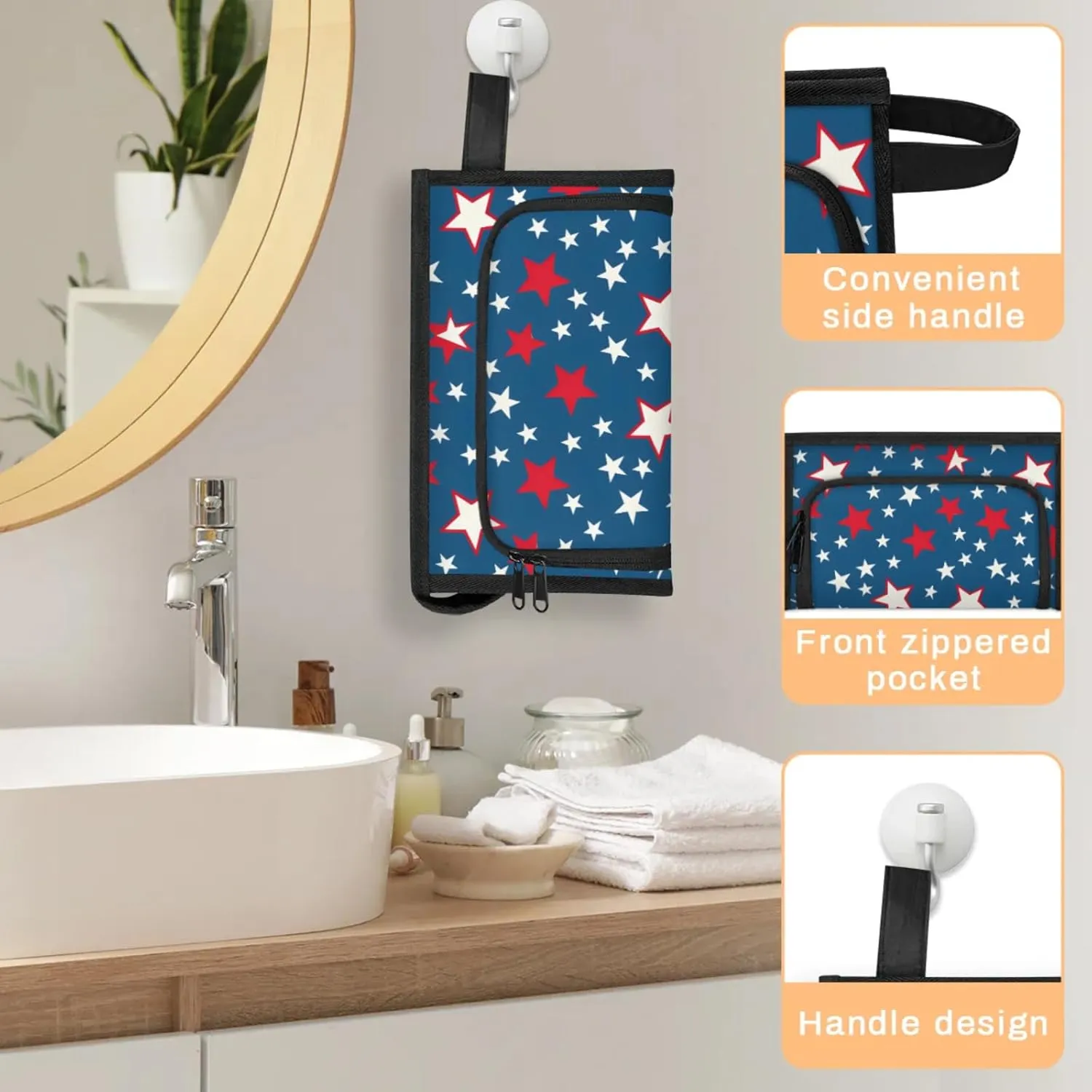 Waterproof Cosmetic Bags for Women Flag Stars Independence Day Makeup Organizer Toiletry Bag with Zipper Pockets, Travel Makeup Bag for Business, Beach & Gym