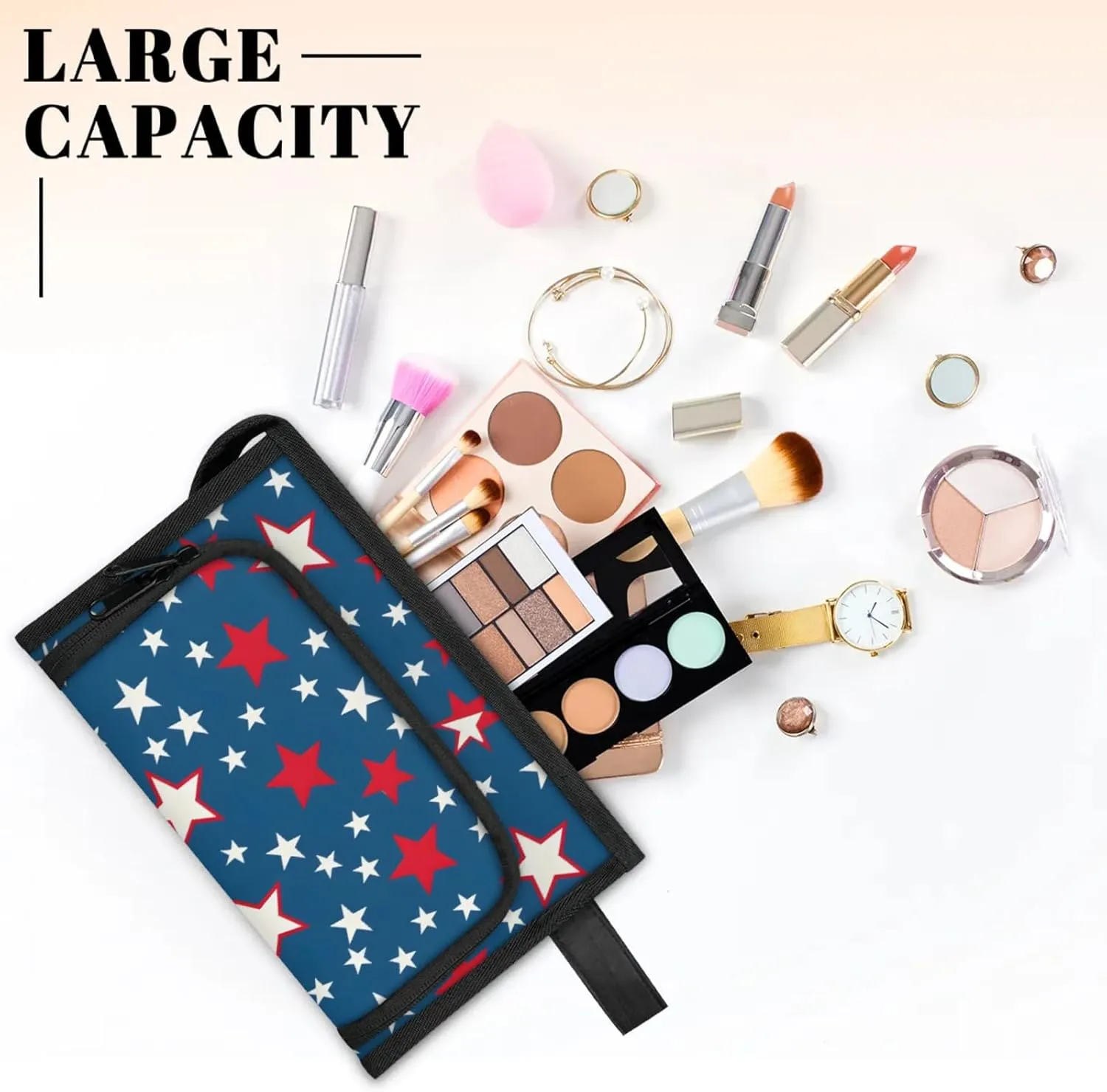 Waterproof Cosmetic Bags for Women Flag Stars Independence Day Makeup Organizer Toiletry Bag with Zipper Pockets, Travel Makeup Bag for Business, Beach & Gym
