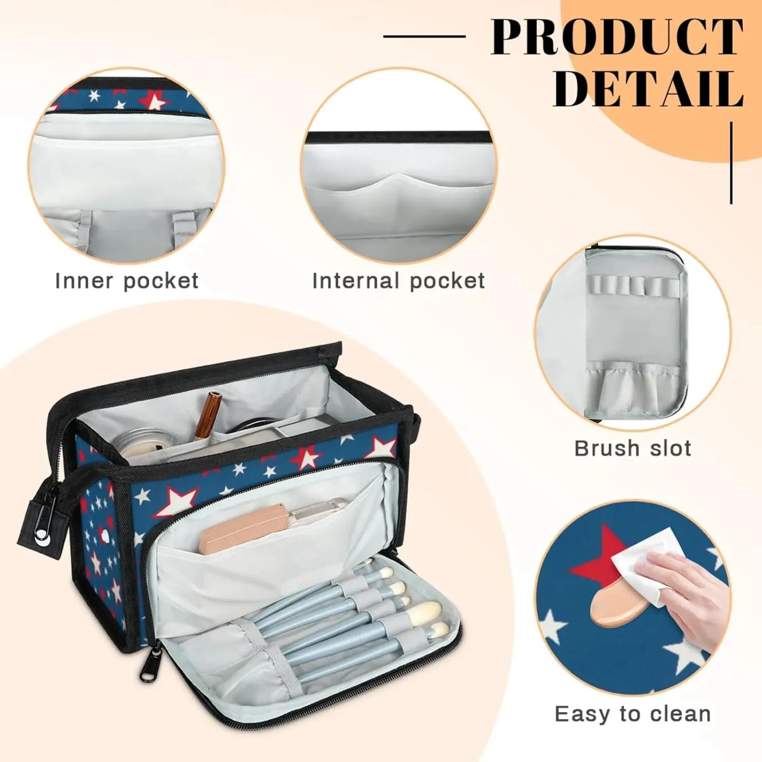 Waterproof Cosmetic Bags for Women Flag Stars Independence Day Makeup Organizer Toiletry Bag with Zipper Pockets, Travel Makeup Bag for Business, Beach & Gym