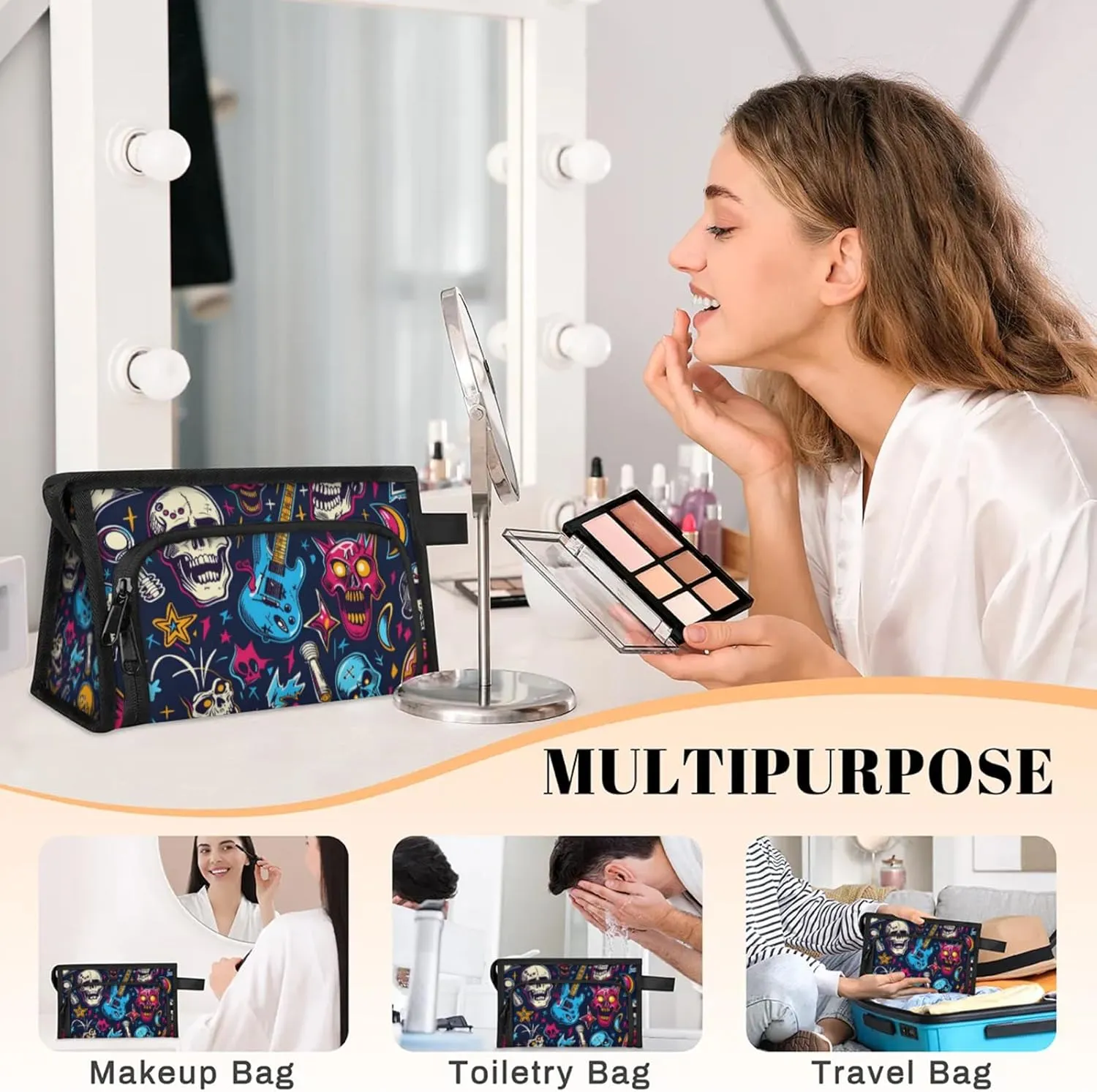 Waterproof Cosmetic Bags for Women Musical Skull Head Makeup Organizer Toiletry Bag with Zipper Pockets, Travel Makeup Bag for Business, Beach & Gym
