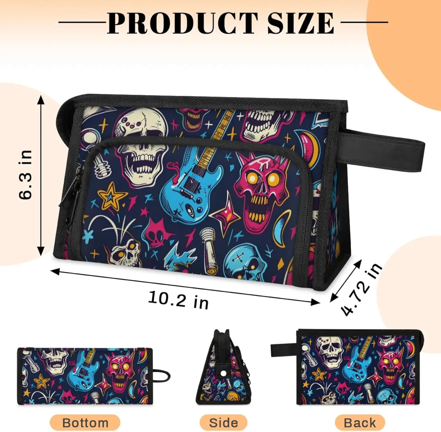 Waterproof Cosmetic Bags for Women Musical Skull Head Makeup Organizer Toiletry Bag with Zipper Pockets, Travel Makeup Bag for Business, Beach & Gym
