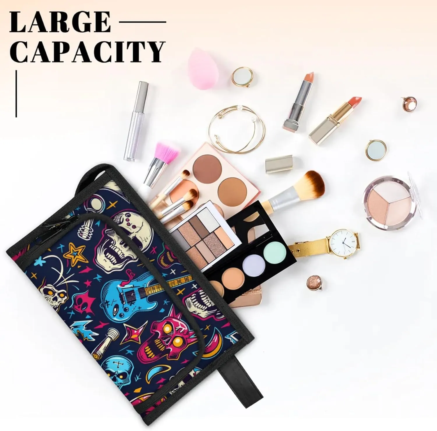 Waterproof Cosmetic Bags for Women Musical Skull Head Makeup Organizer Toiletry Bag with Zipper Pockets, Travel Makeup Bag for Business, Beach & Gym