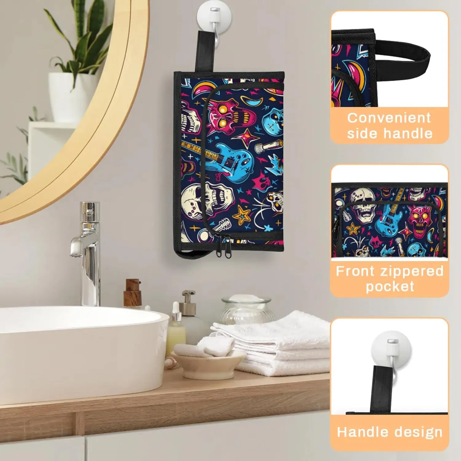 Waterproof Cosmetic Bags for Women Musical Skull Head Makeup Organizer Toiletry Bag with Zipper Pockets, Travel Makeup Bag for Business, Beach & Gym