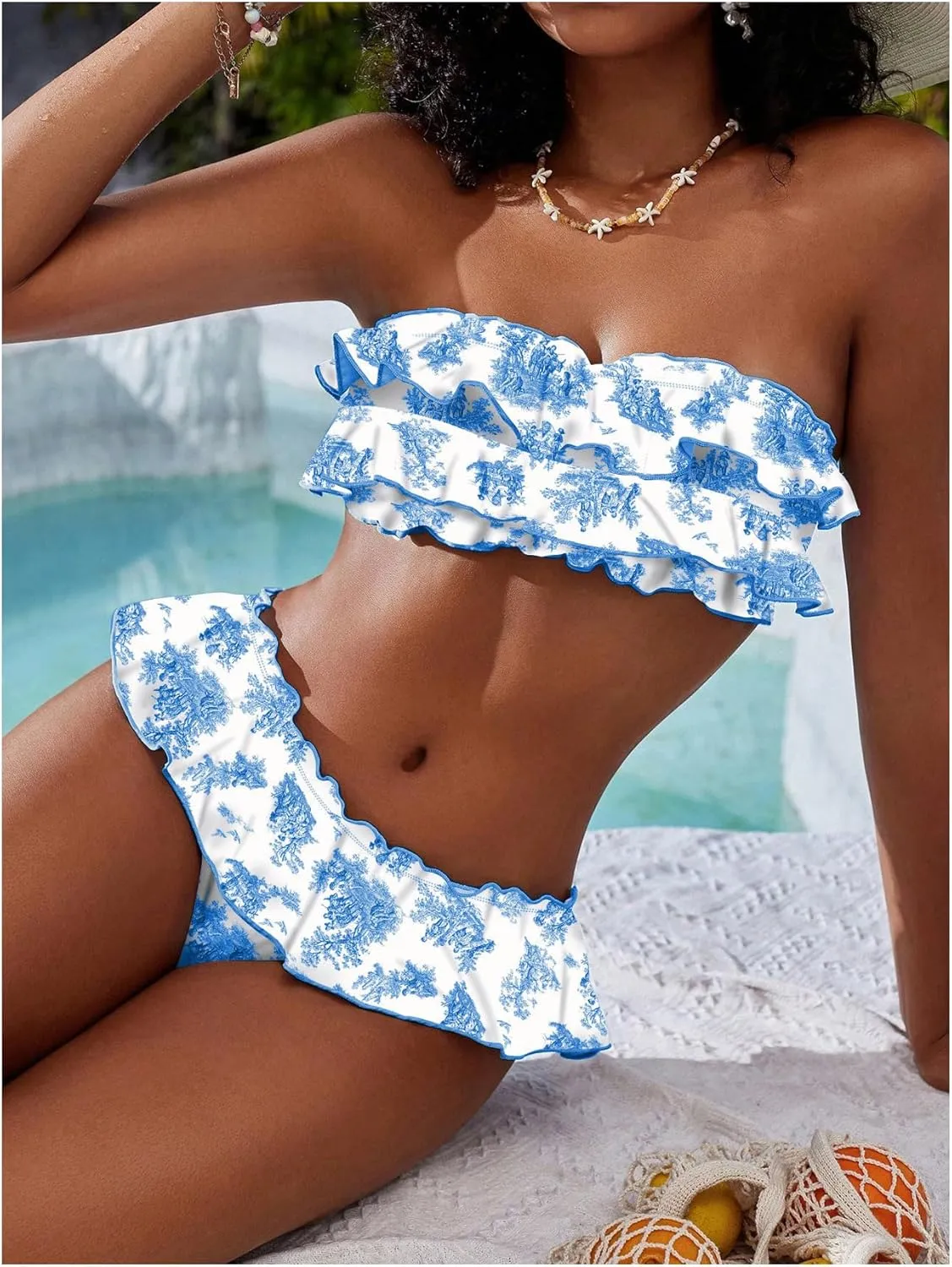WDIRARA Women's Floral Bikini Set 2 Piece Bandeau Layered Ruffle Swimsuit Strapless Bathing Suit