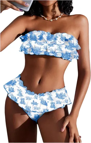 WDIRARA Women's Floral Bikini Set 2 Piece Bandeau Layered Ruffle Swimsuit Strapless Bathing Suit