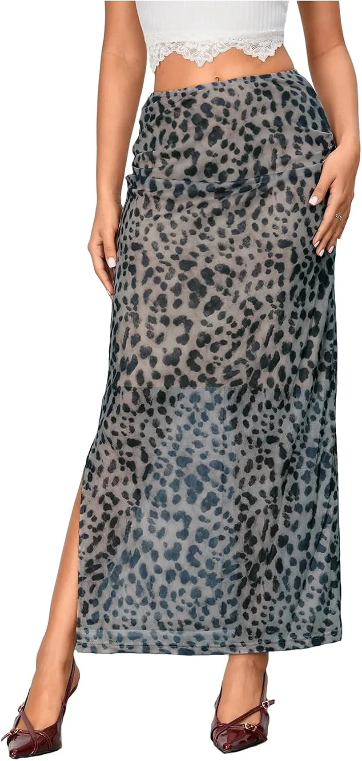WDIRARA Women's Leopard Print Mesh Skirt Ruched Split Thigh Low Waist Maxi Skirts