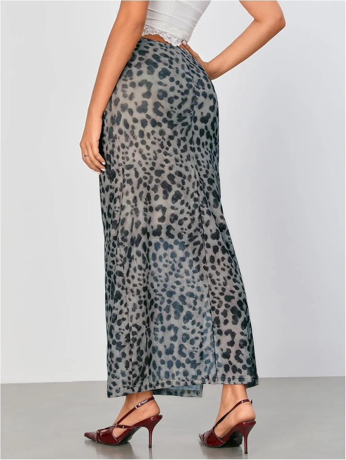 WDIRARA Women's Leopard Print Mesh Skirt Ruched Split Thigh Low Waist Maxi Skirts