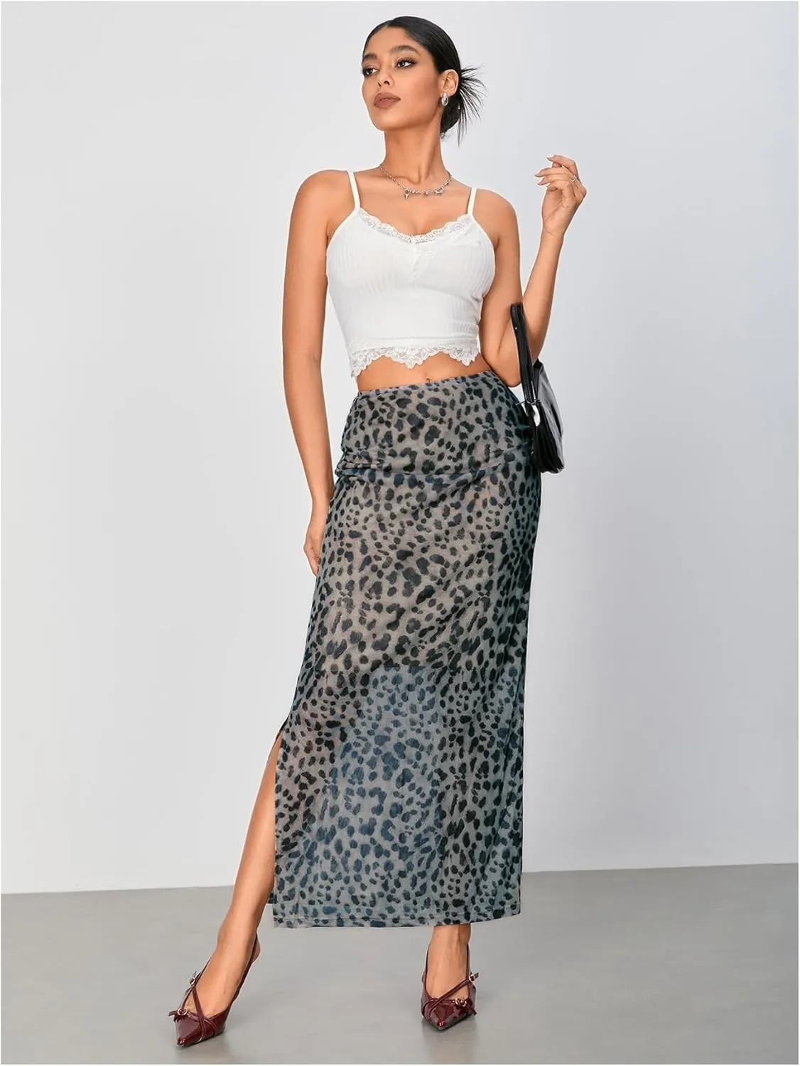 WDIRARA Women's Leopard Print Mesh Skirt Ruched Split Thigh Low Waist Maxi Skirts