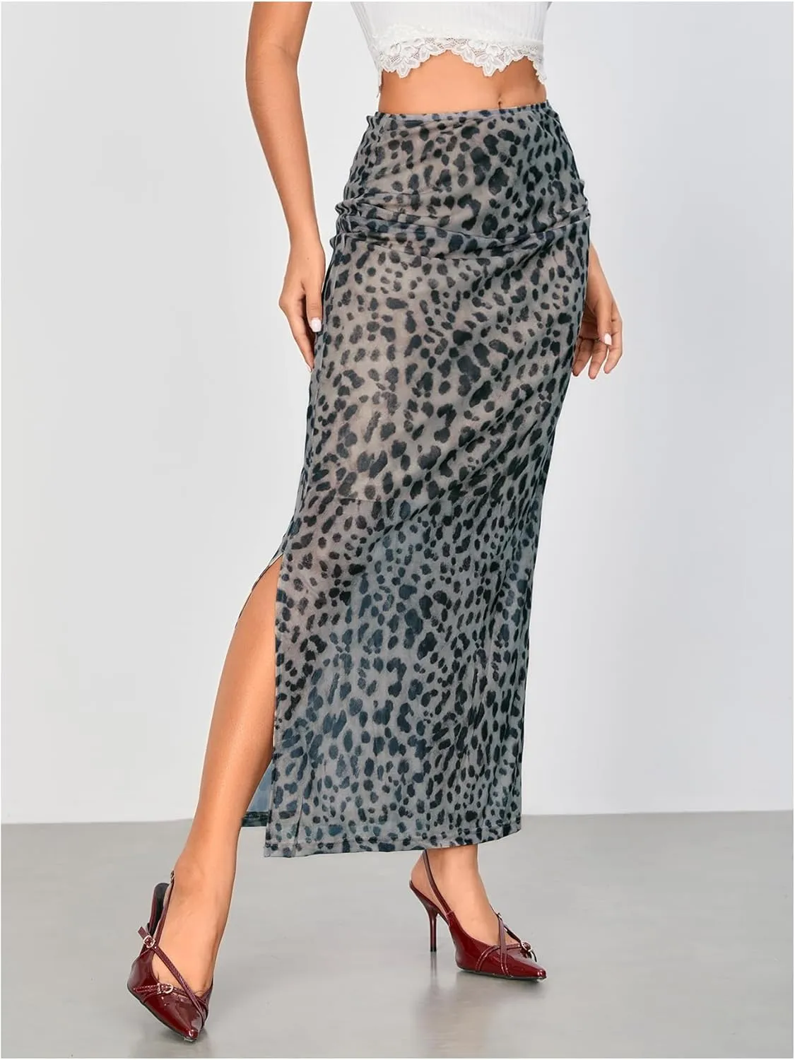 WDIRARA Women's Leopard Print Mesh Skirt Ruched Split Thigh Low Waist Maxi Skirts