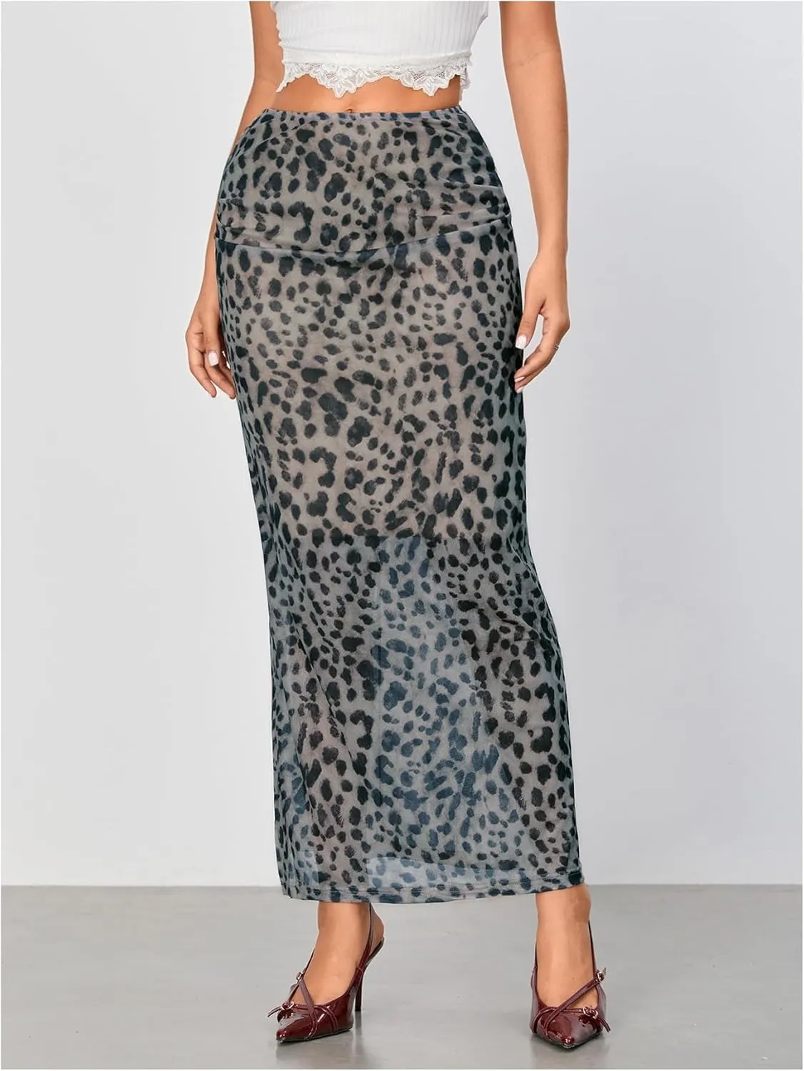WDIRARA Women's Leopard Print Mesh Skirt Ruched Split Thigh Low Waist Maxi Skirts