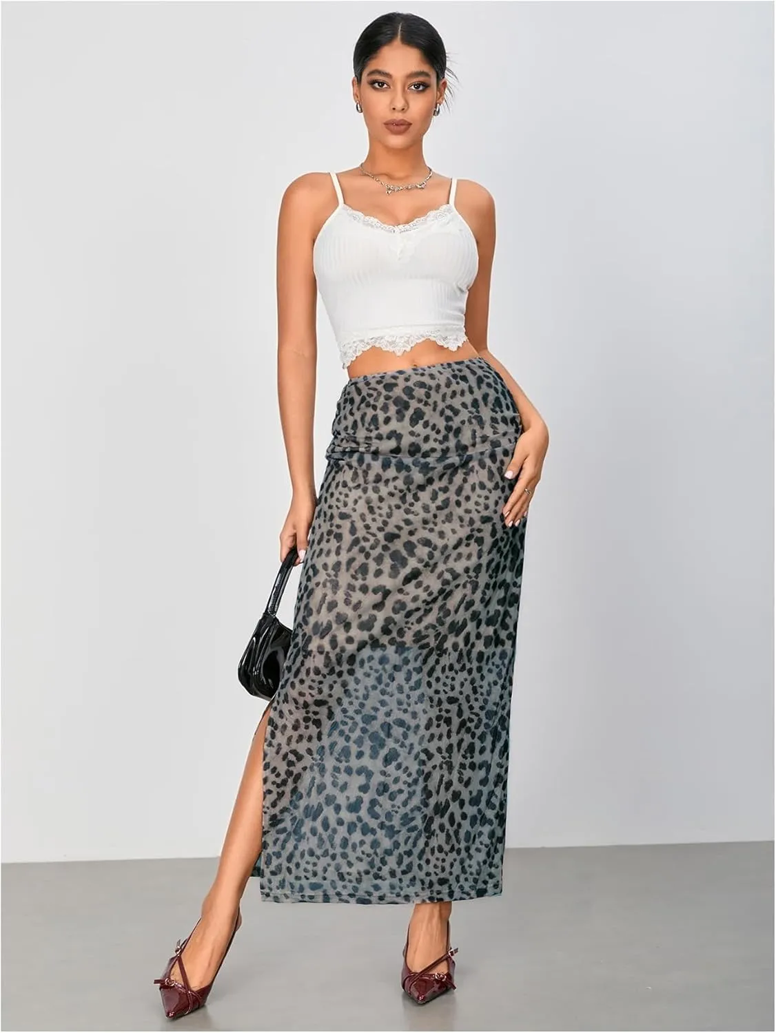 WDIRARA Women's Leopard Print Mesh Skirt Ruched Split Thigh Low Waist Maxi Skirts