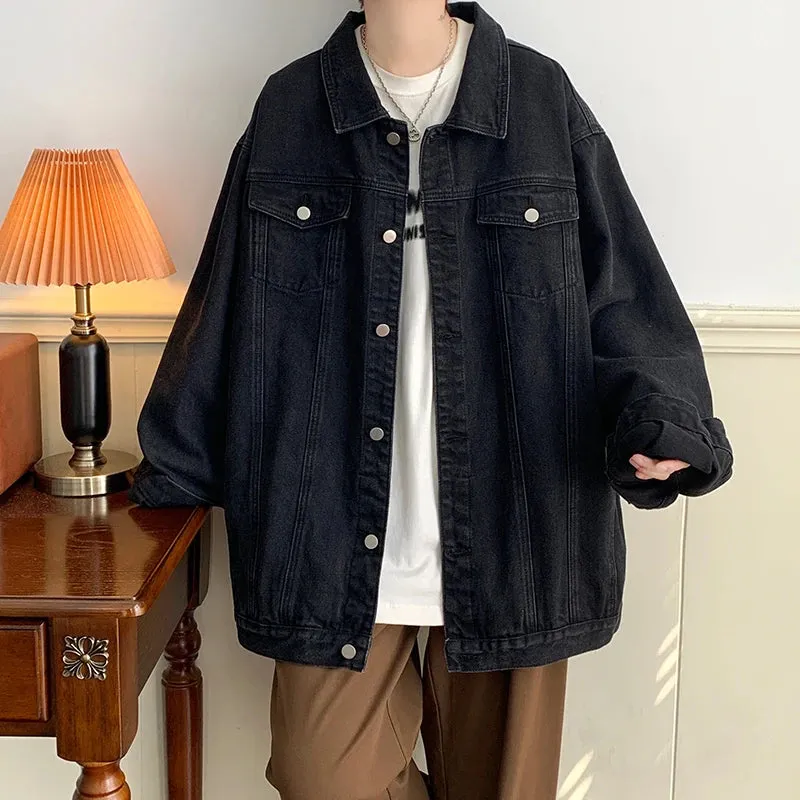Wiaofellas  -  Plus Size 5XL-M Black Denim Jacket Mens Turn Down Collar Jeans Coats Multi-pockets Overalls Streetwear Loose Casual Men Clothing