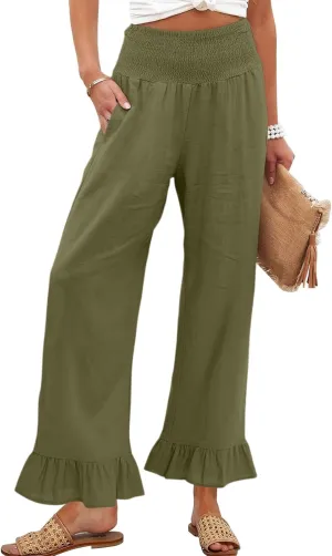 Wide Leg Linen Pants for Women Smocked Waist Summer Flowy Ruffle Pants Beach Casual Cropped Palazzo Pant with Pockets