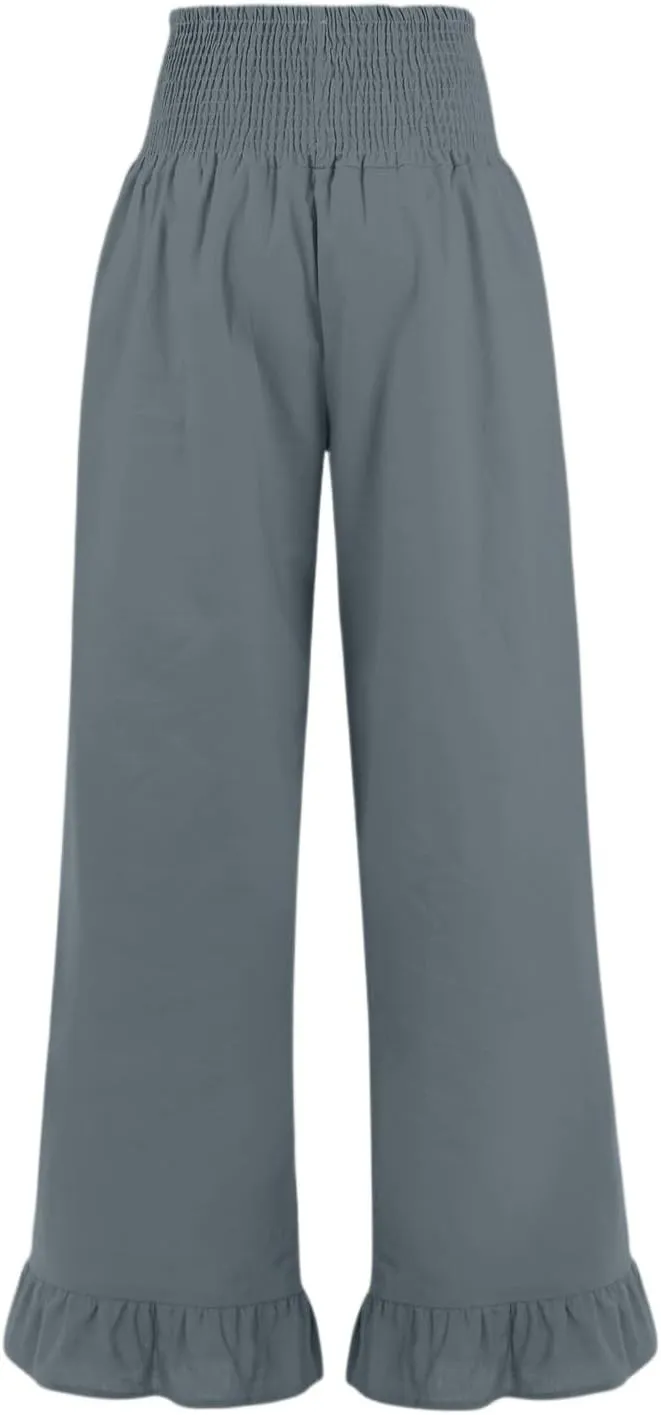 Wide Leg Linen Pants for Women Smocked Waist Summer Flowy Ruffle Pants Beach Casual Cropped Palazzo Pant with Pockets