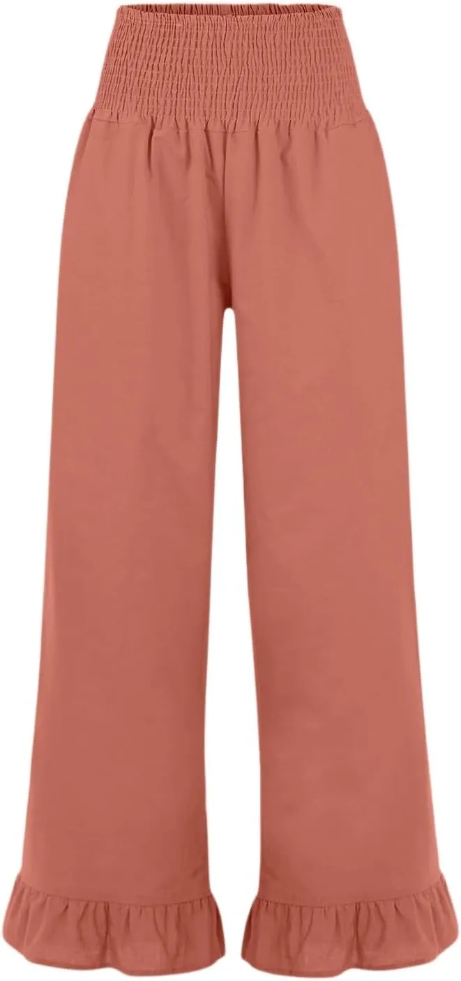Wide Leg Linen Pants for Women Smocked Waist Summer Flowy Ruffle Pants Beach Casual Cropped Palazzo Pant with Pockets