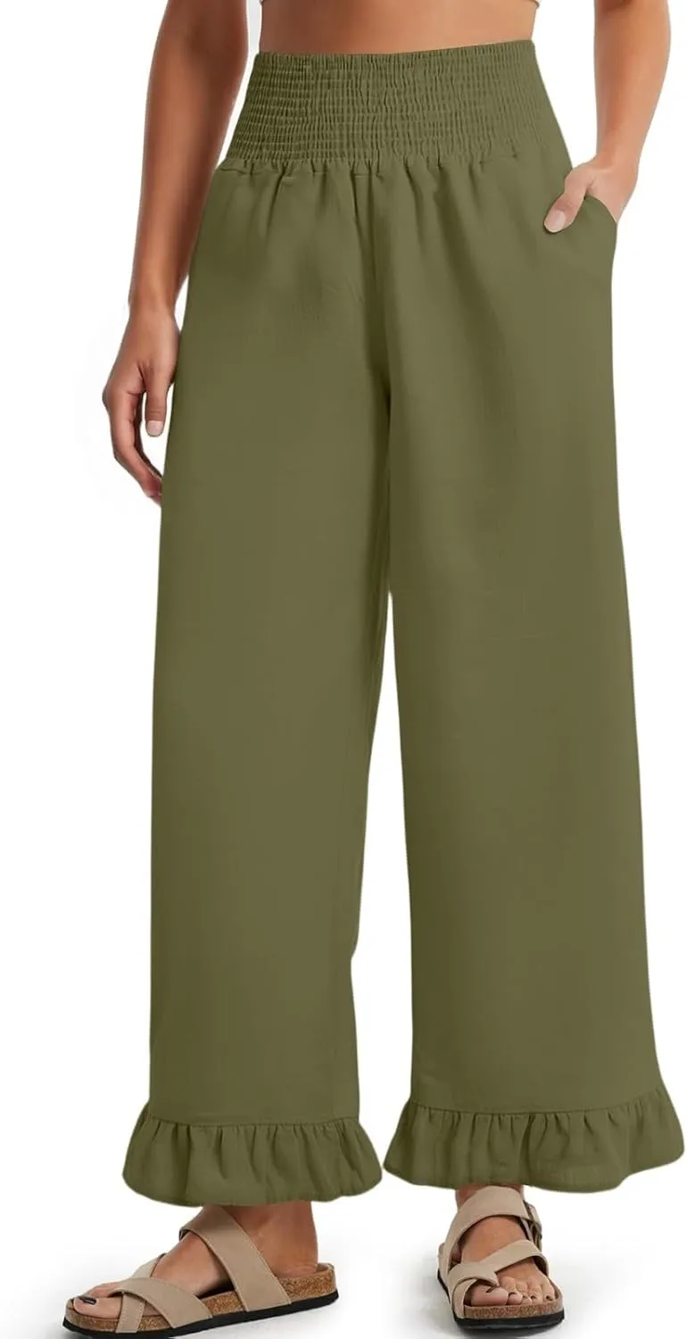Wide Leg Linen Pants for Women Smocked Waist Summer Flowy Ruffle Pants Beach Casual Cropped Palazzo Pant with Pockets