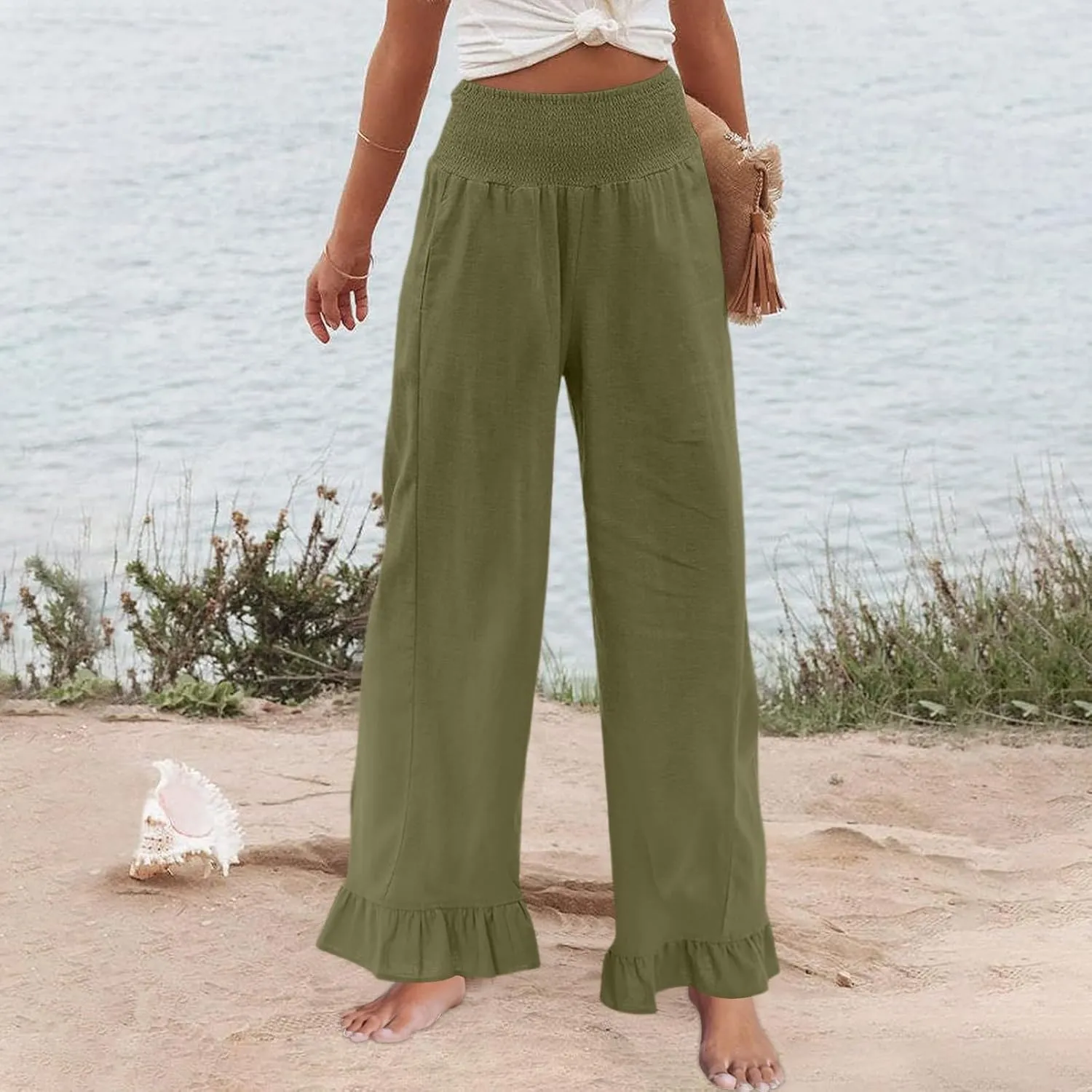 Wide Leg Linen Pants for Women Smocked Waist Summer Flowy Ruffle Pants Beach Casual Cropped Palazzo Pant with Pockets