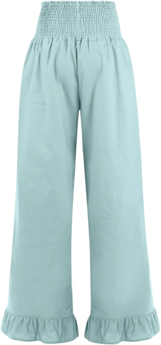 Wide Leg Linen Pants for Women Smocked Waist Summer Flowy Ruffle Pants Beach Casual Cropped Palazzo Pant with Pockets