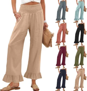 Wide Leg Linen Pants for Women Smocked Waist Summer Flowy Ruffle Pants Beach Casual Cropped Palazzo Pant with Pockets