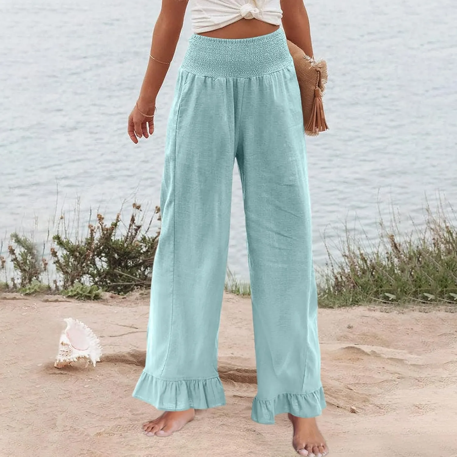 Wide Leg Linen Pants for Women Smocked Waist Summer Flowy Ruffle Pants Beach Casual Cropped Palazzo Pant with Pockets