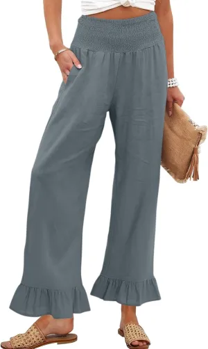 Wide Leg Linen Pants for Women Smocked Waist Summer Flowy Ruffle Pants Beach Casual Cropped Palazzo Pant with Pockets