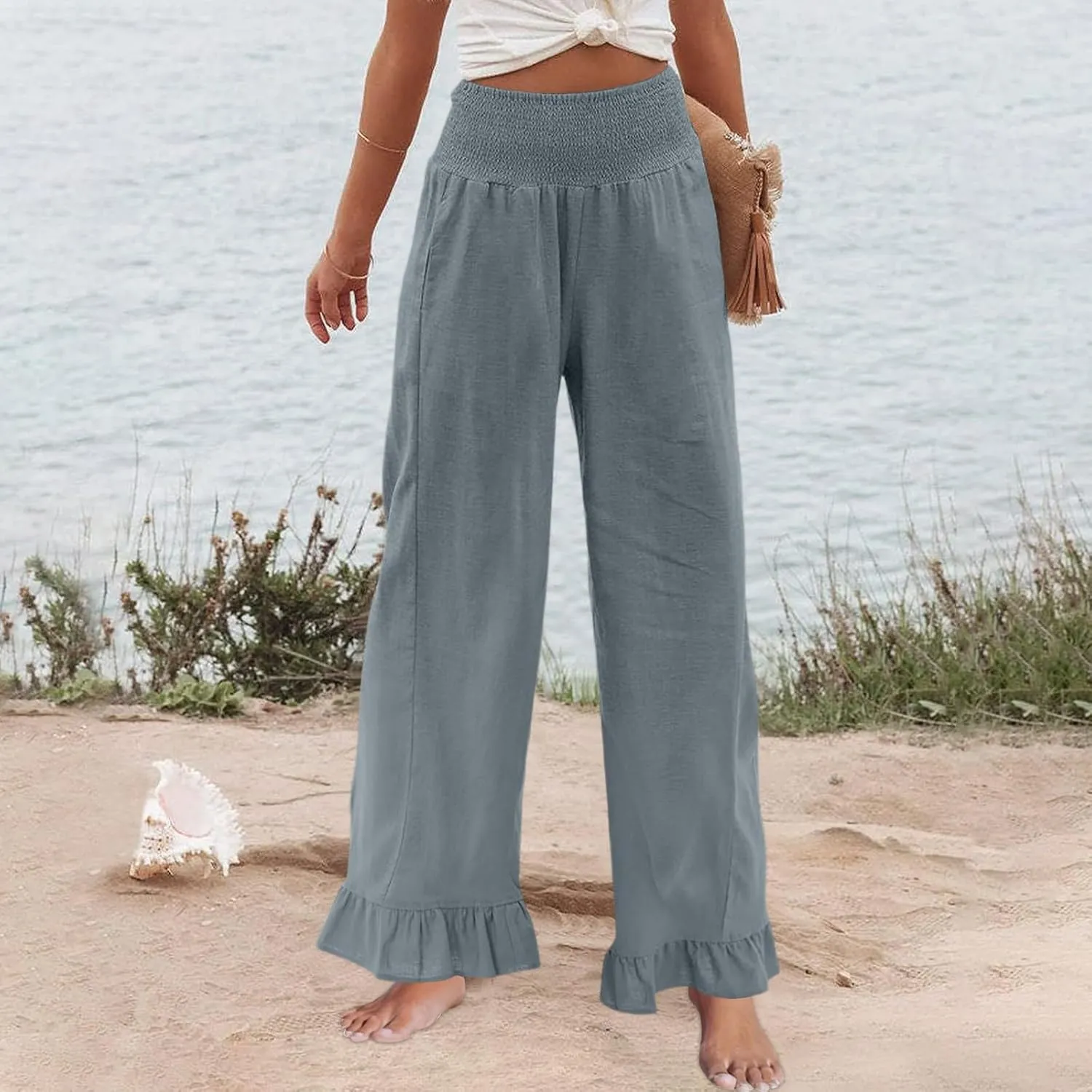Wide Leg Linen Pants for Women Smocked Waist Summer Flowy Ruffle Pants Beach Casual Cropped Palazzo Pant with Pockets