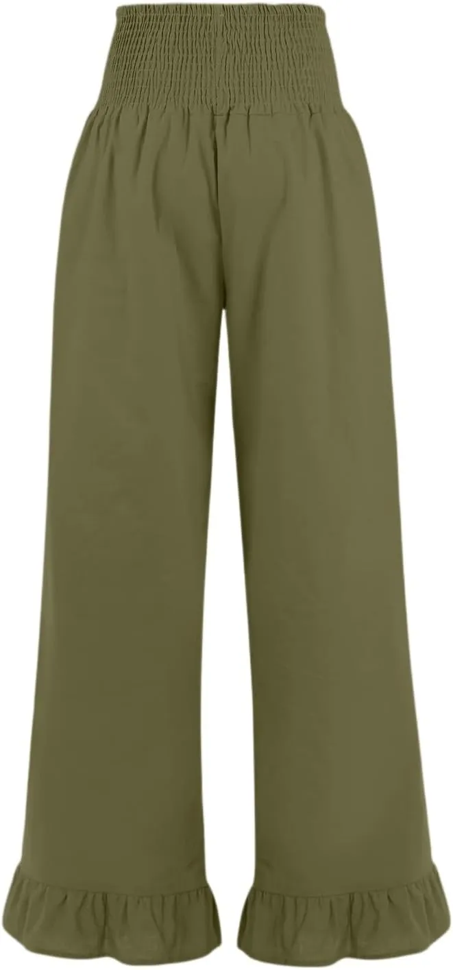 Wide Leg Linen Pants for Women Smocked Waist Summer Flowy Ruffle Pants Beach Casual Cropped Palazzo Pant with Pockets