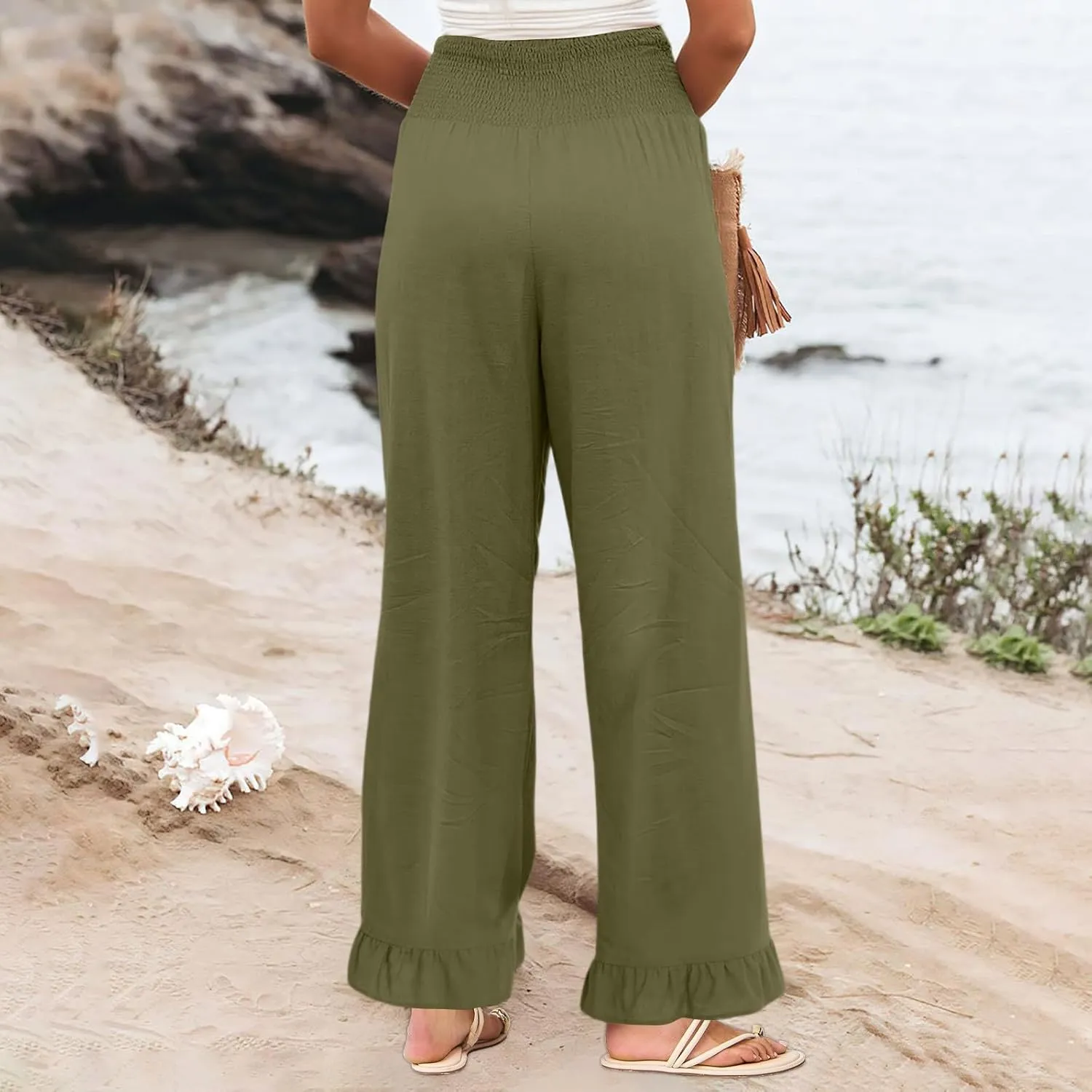 Wide Leg Linen Pants for Women Smocked Waist Summer Flowy Ruffle Pants Beach Casual Cropped Palazzo Pant with Pockets