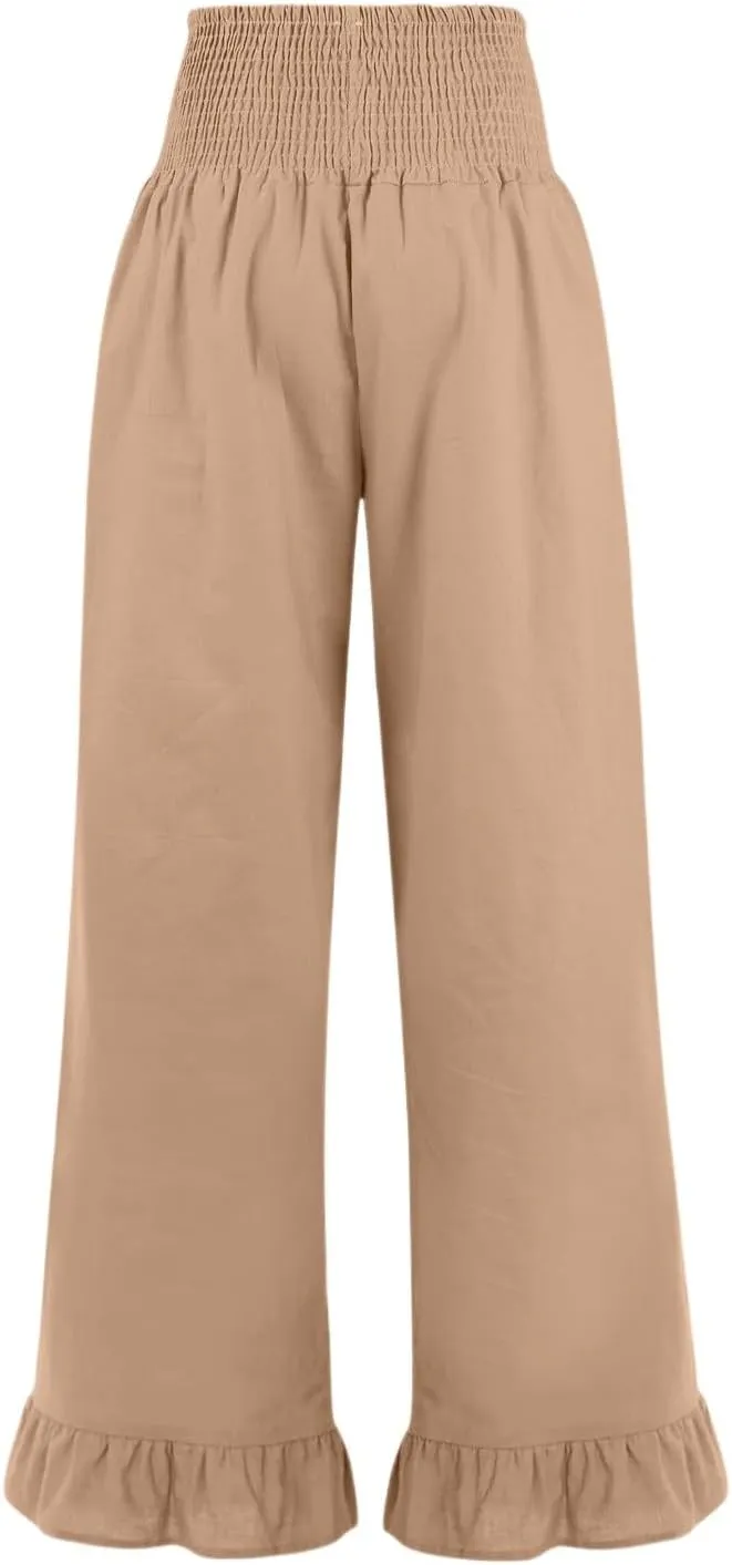 Wide Leg Linen Pants for Women Smocked Waist Summer Flowy Ruffle Pants Beach Casual Cropped Palazzo Pant with Pockets