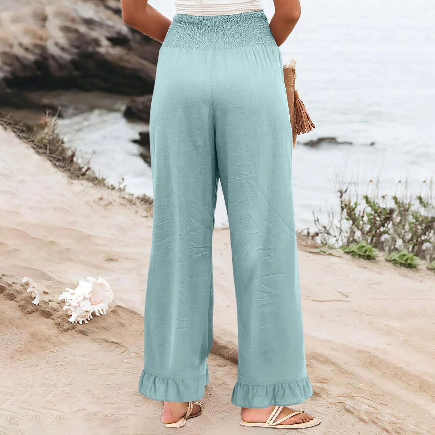 Wide Leg Linen Pants for Women Smocked Waist Summer Flowy Ruffle Pants Beach Casual Cropped Palazzo Pant with Pockets