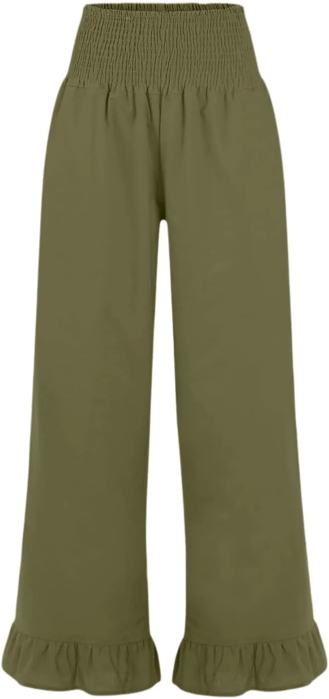 Wide Leg Linen Pants for Women Smocked Waist Summer Flowy Ruffle Pants Beach Casual Cropped Palazzo Pant with Pockets