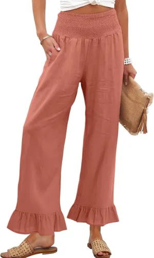 Wide Leg Linen Pants for Women Smocked Waist Summer Flowy Ruffle Pants Beach Casual Cropped Palazzo Pant with Pockets