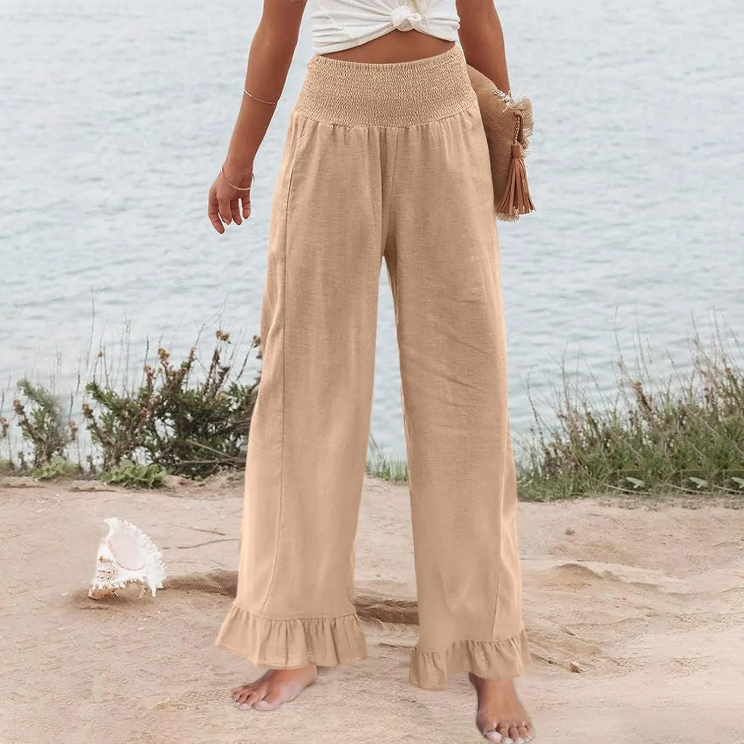 Wide Leg Linen Pants for Women Smocked Waist Summer Flowy Ruffle Pants Beach Casual Cropped Palazzo Pant with Pockets