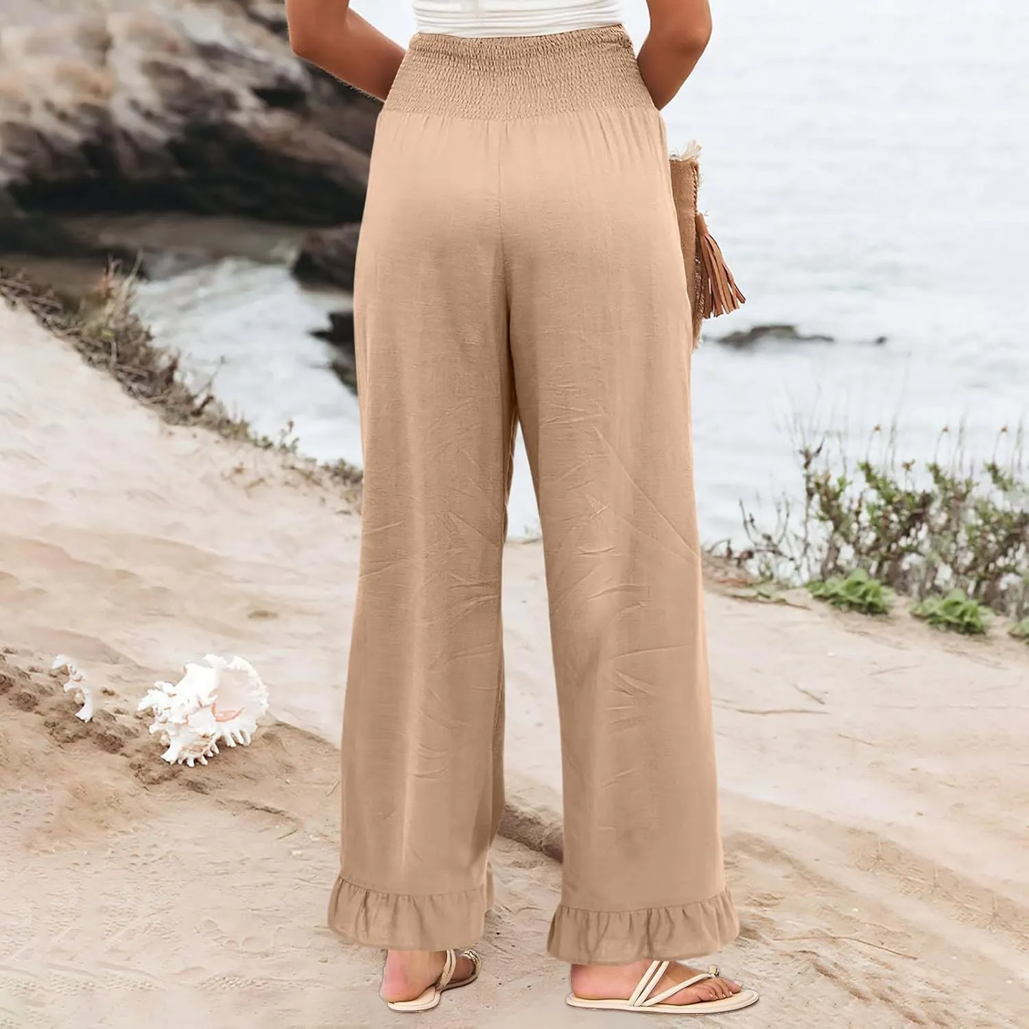 Wide Leg Linen Pants for Women Smocked Waist Summer Flowy Ruffle Pants Beach Casual Cropped Palazzo Pant with Pockets