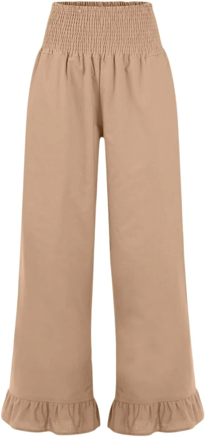Wide Leg Linen Pants for Women Smocked Waist Summer Flowy Ruffle Pants Beach Casual Cropped Palazzo Pant with Pockets