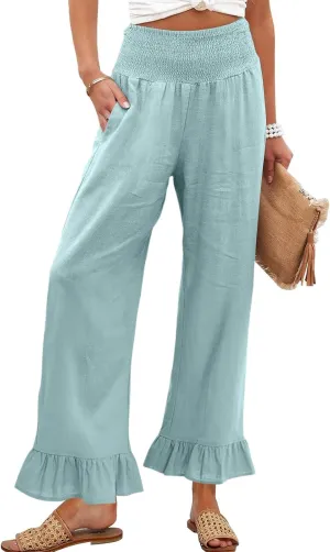 Wide Leg Linen Pants for Women Smocked Waist Summer Flowy Ruffle Pants Beach Casual Cropped Palazzo Pant with Pockets