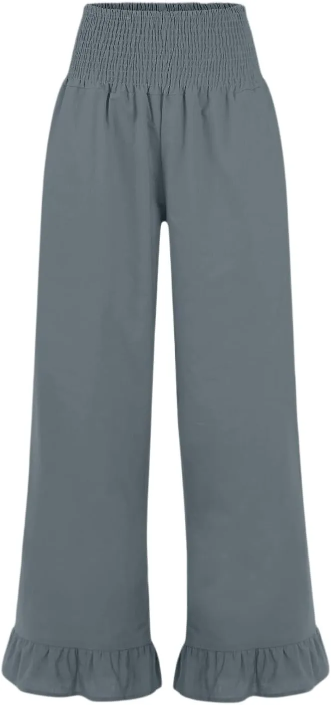 Wide Leg Linen Pants for Women Smocked Waist Summer Flowy Ruffle Pants Beach Casual Cropped Palazzo Pant with Pockets