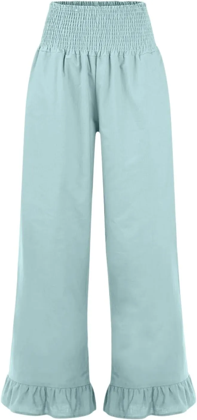 Wide Leg Linen Pants for Women Smocked Waist Summer Flowy Ruffle Pants Beach Casual Cropped Palazzo Pant with Pockets